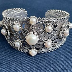 SILVER AND PEARL FILIGREE CUFF BRACELET